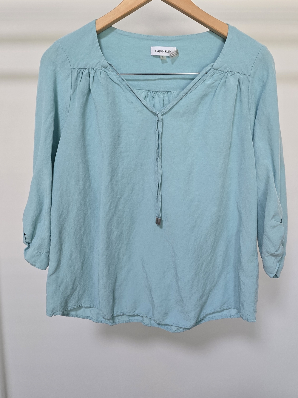 Calvin Klein Aqua Tie-Neck Peasant Blouse